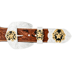 A custom western three piece belt buckle set featuring three golden star figures 